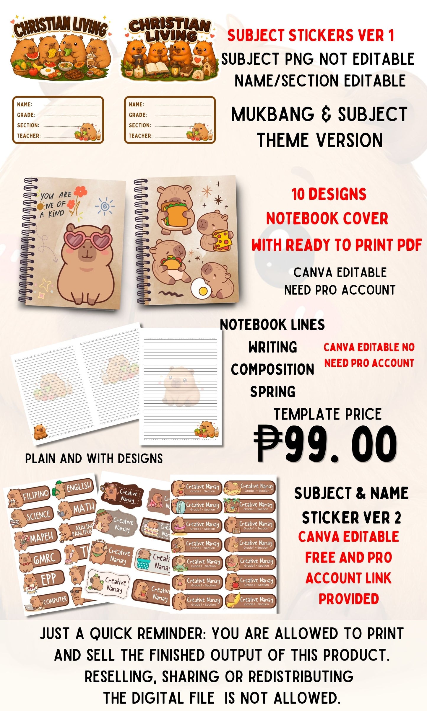 Capybara notebook & Subject Stickers
